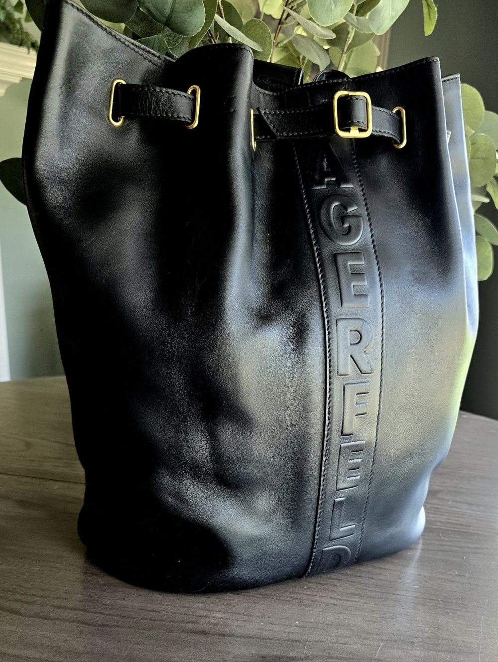 Karl Lagerfeld Rare Vintage Unisex Black Leather Drawstring Bucket/Sling Bag